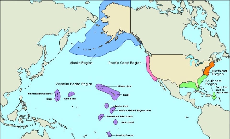 Official sea borders marking the territorial claims of the US.